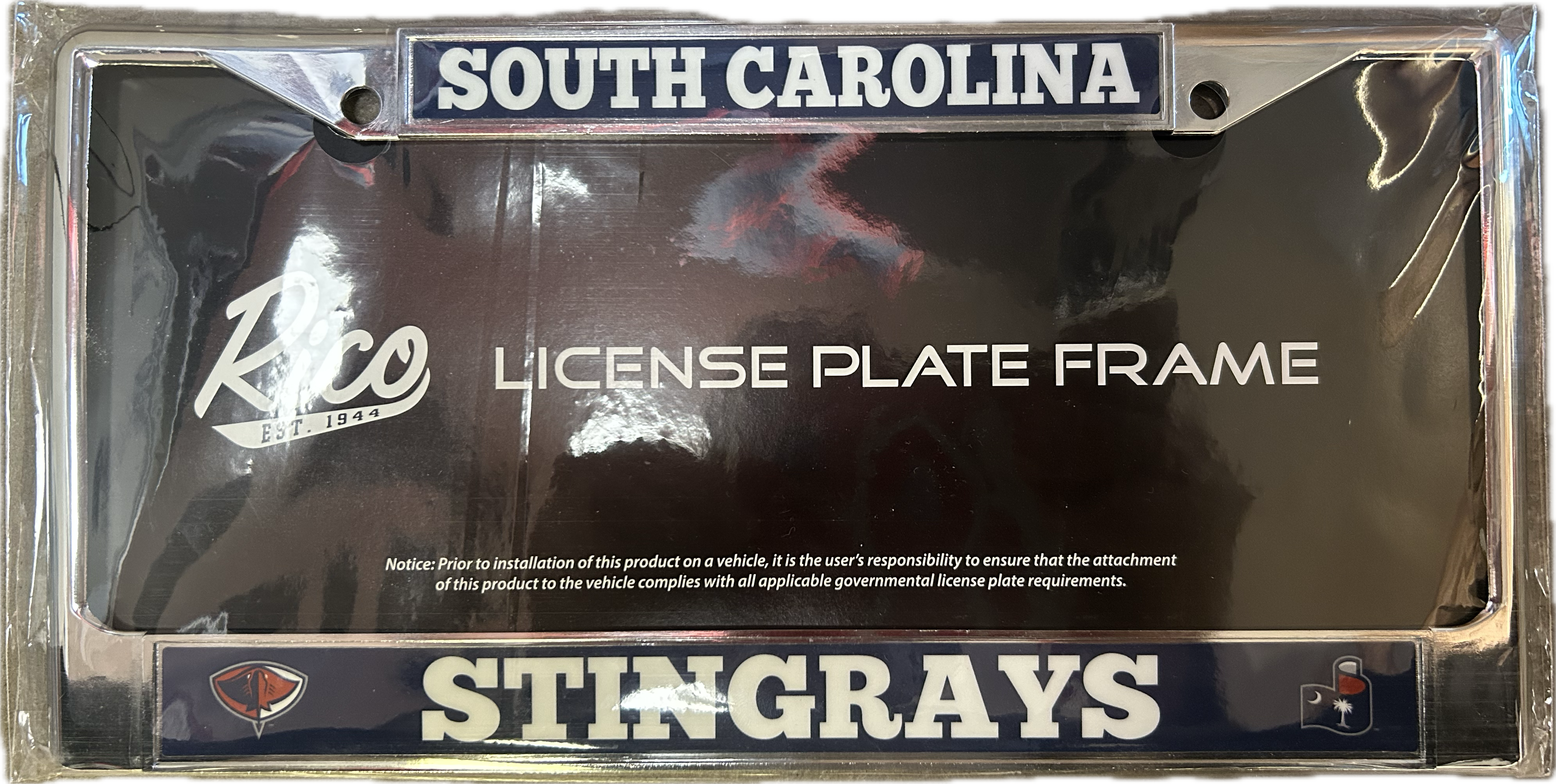 License plate frame packaging with 'South Carolina' and 'Stingrays' branding.