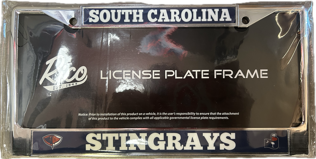 License plate frame packaging with 'South Carolina' and 'Stingrays' branding.