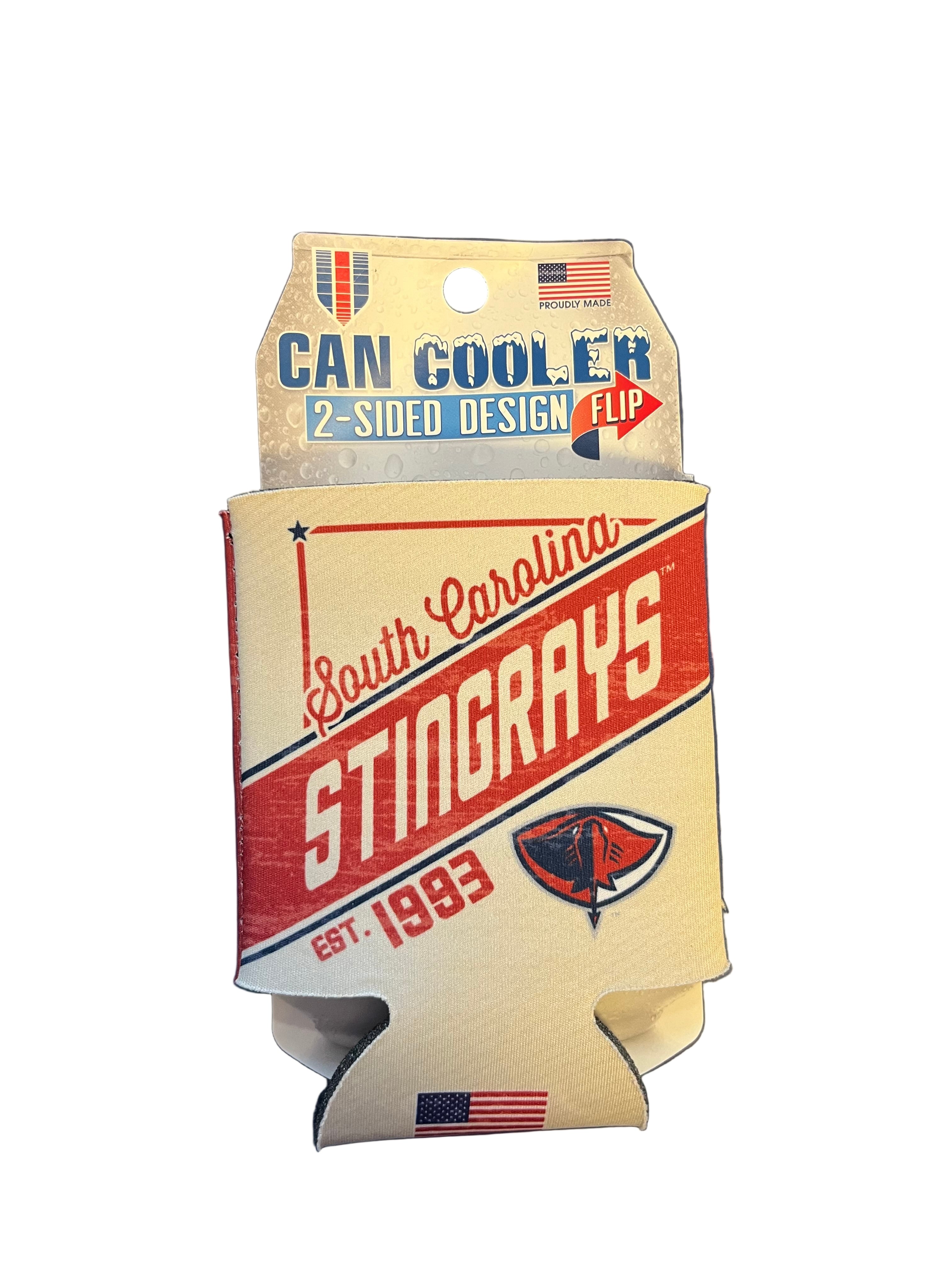 Can Cooler Beige and Red Koozie